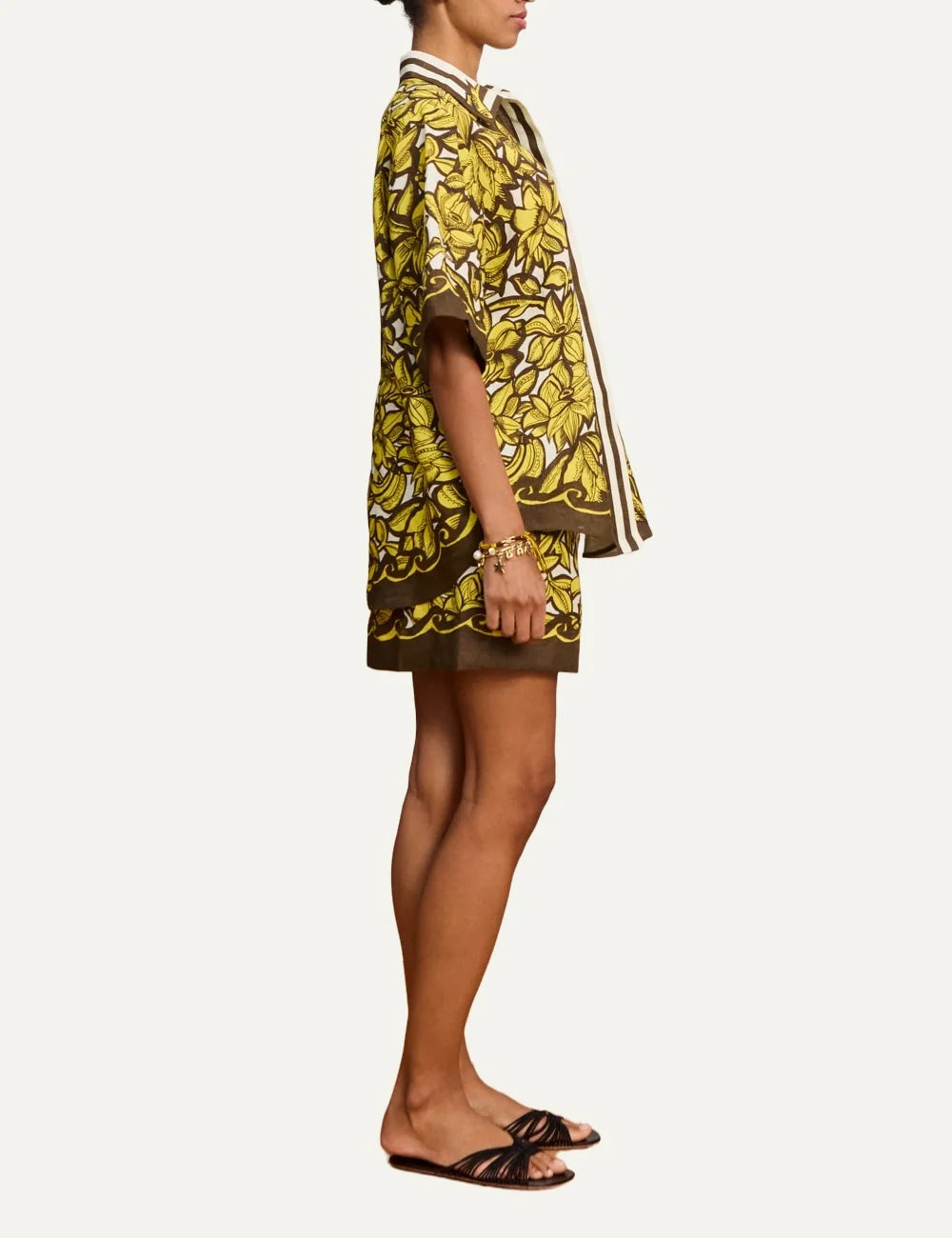 ALEMAIS women brown yellow hemp mini wrap skirt with floral and banana print side