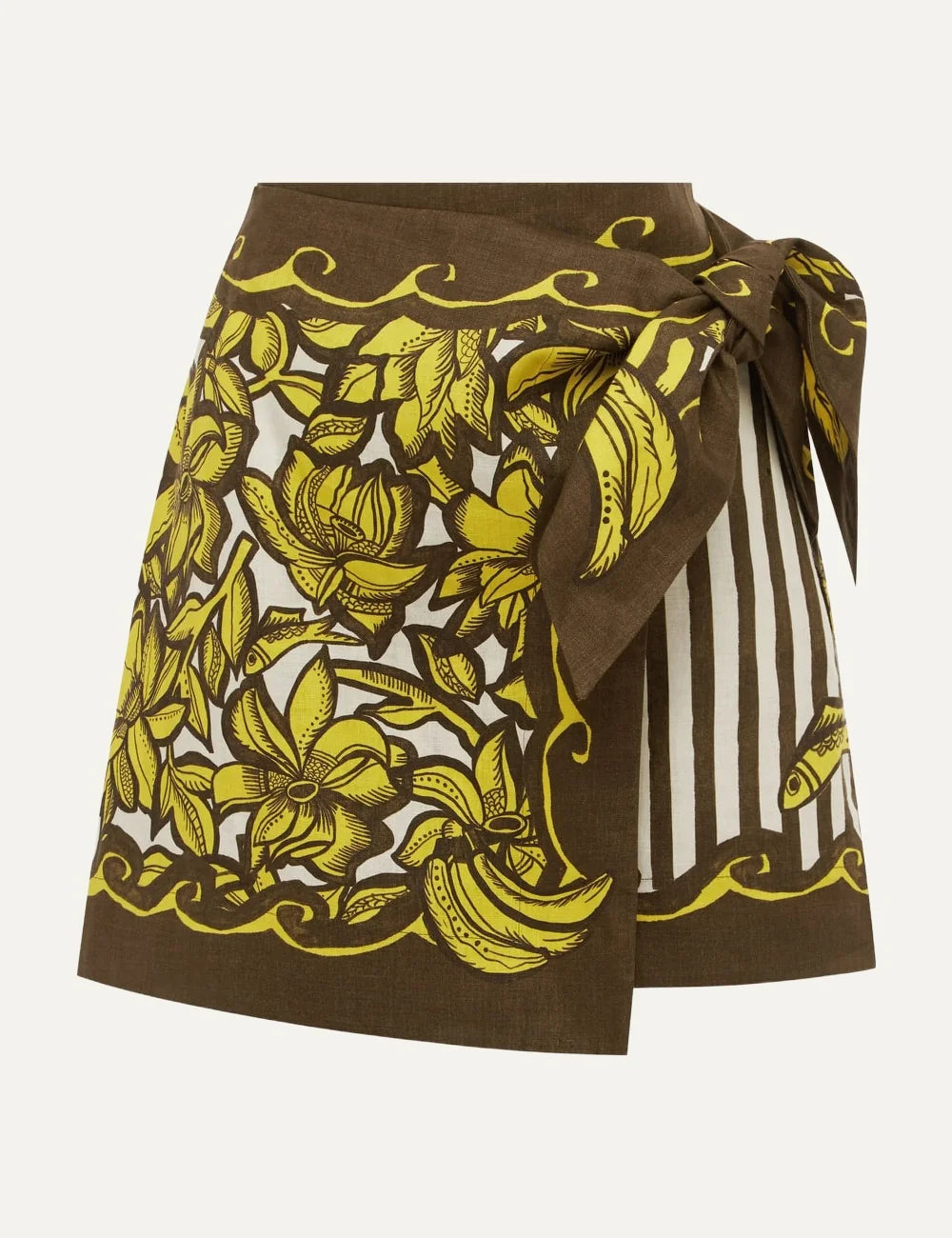 ALEMAIS women brown yellow hemp mini wrap skirt with floral and banana print