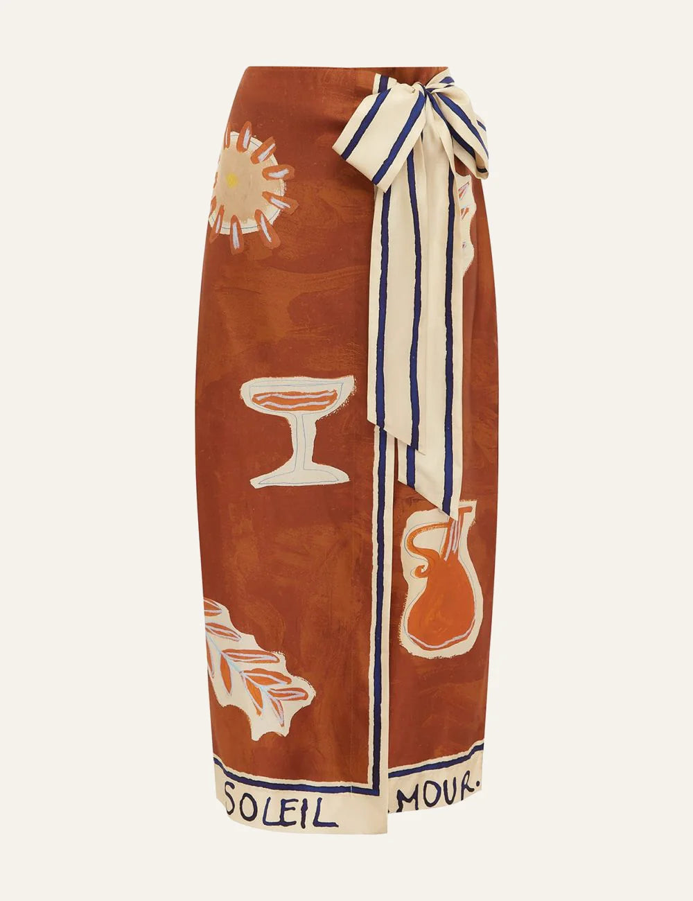 Alemais Soleil d’Amour silk sarong skirt flat lay front rust print