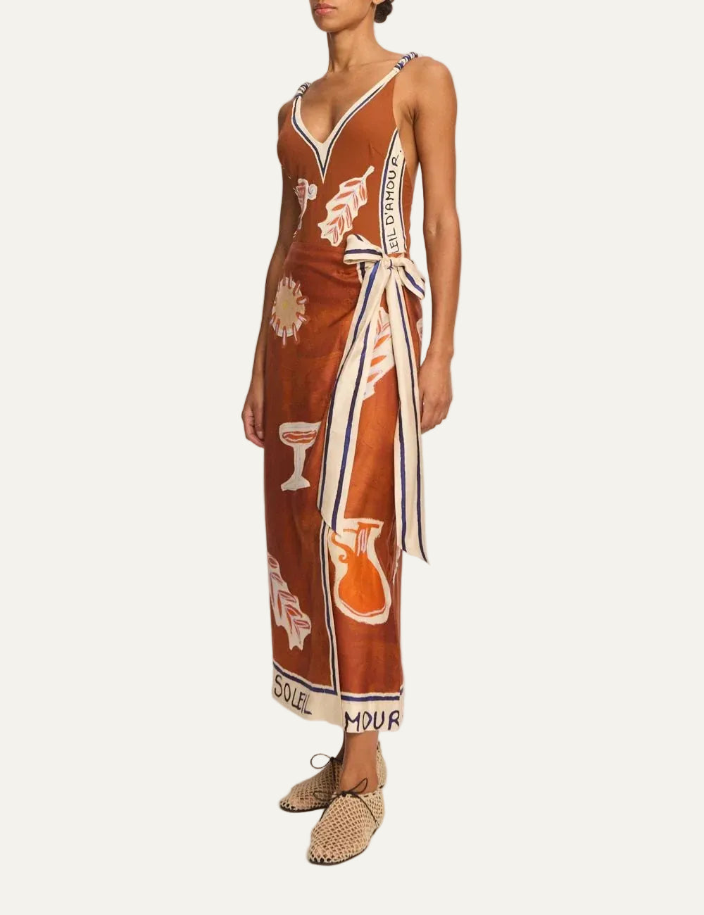 Alemais Soleil d’Amour silk sarong skirt side view worn on model