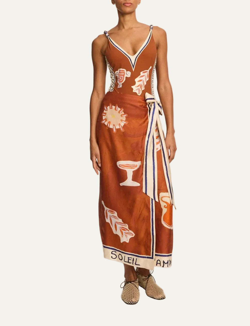 Alemais Soleil d’Amour silk sarong skirt front view worn on model