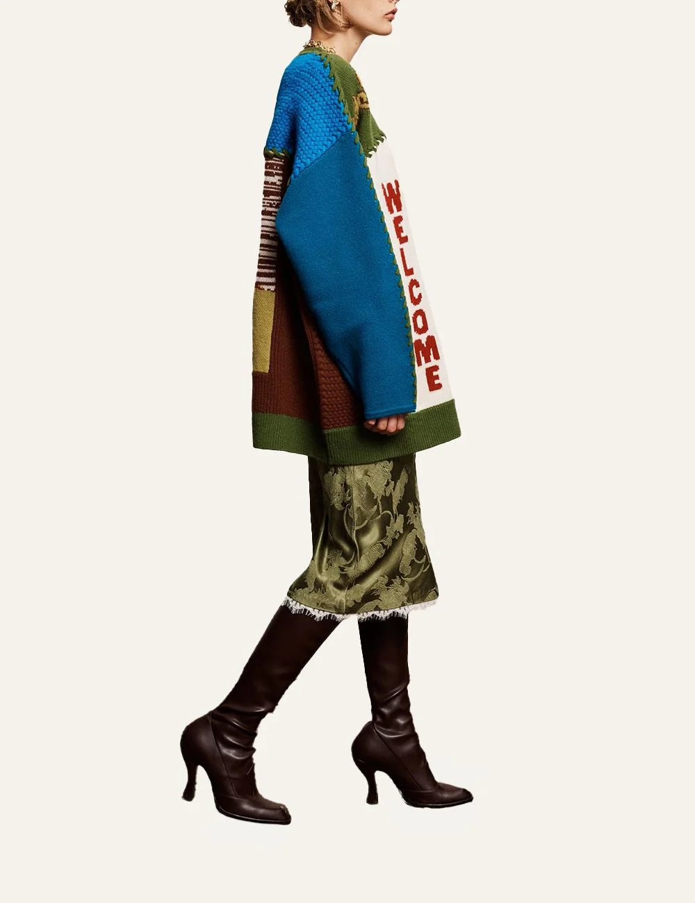 Alemais women's multicolour wool patchwork knit cardigan with western motifs side