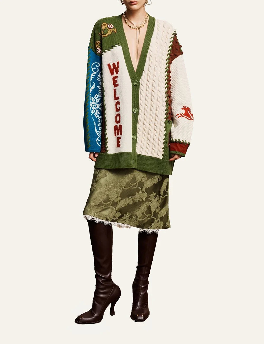 Alemais women's multicolour wool patchwork knit cardigan with western motifs full body