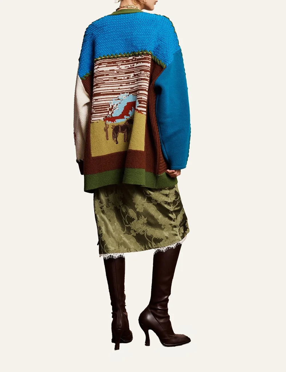 Alemais women's multicolour wool patchwork knit cardigan with western motifs back