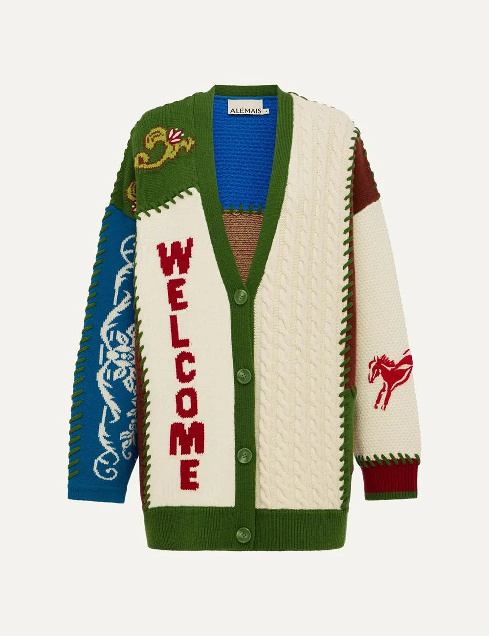 Alemais women's multicolour wool patchwork knit cardigan with western motifs