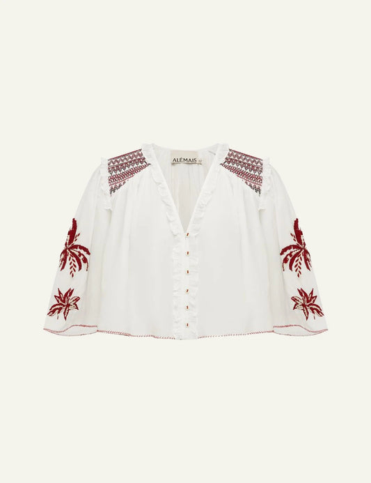 Alemais Odie embroidered top white me red embroidery front