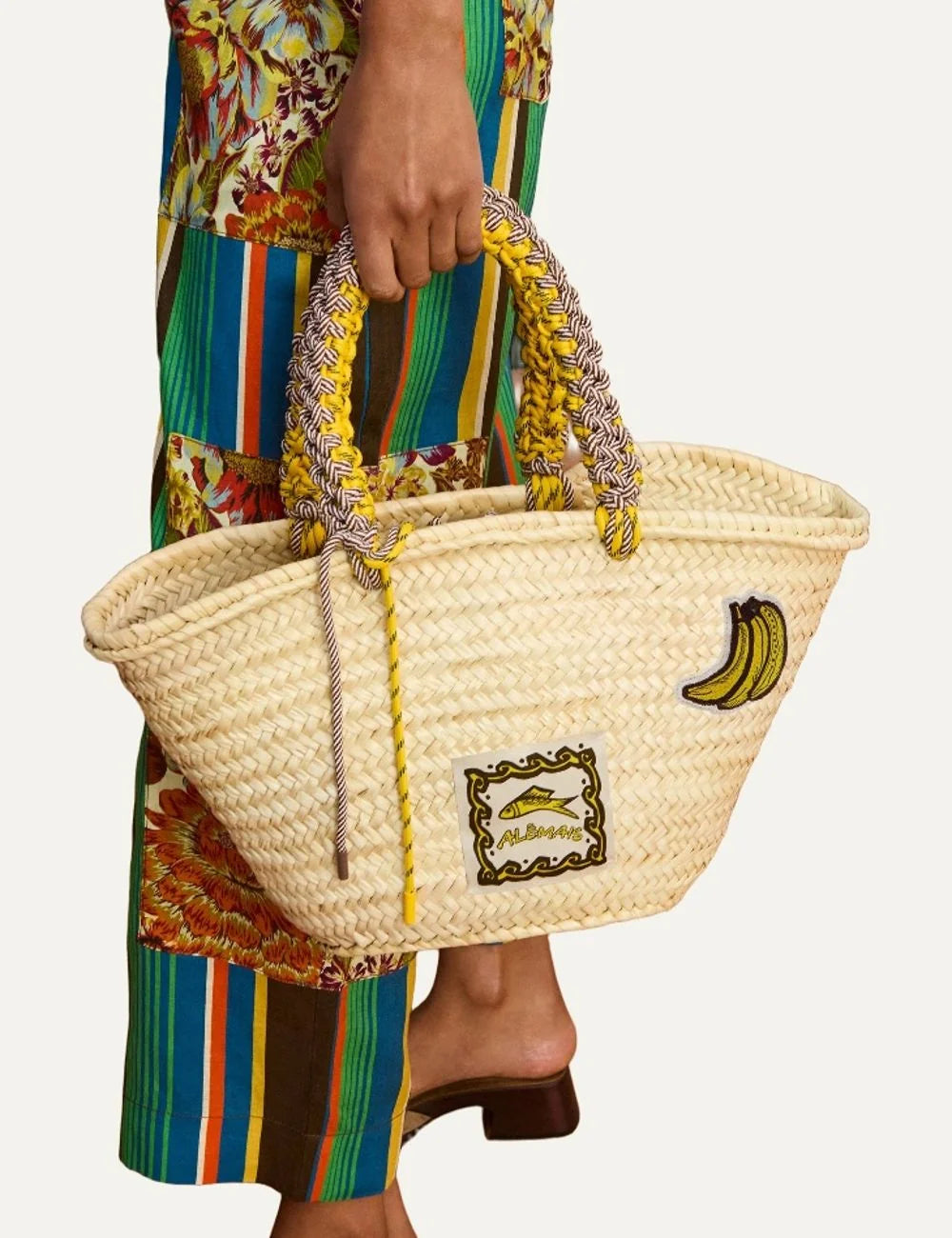 ALEMAIS Mona women woven palm leaf basket bag with macrame handles and banana patch full body