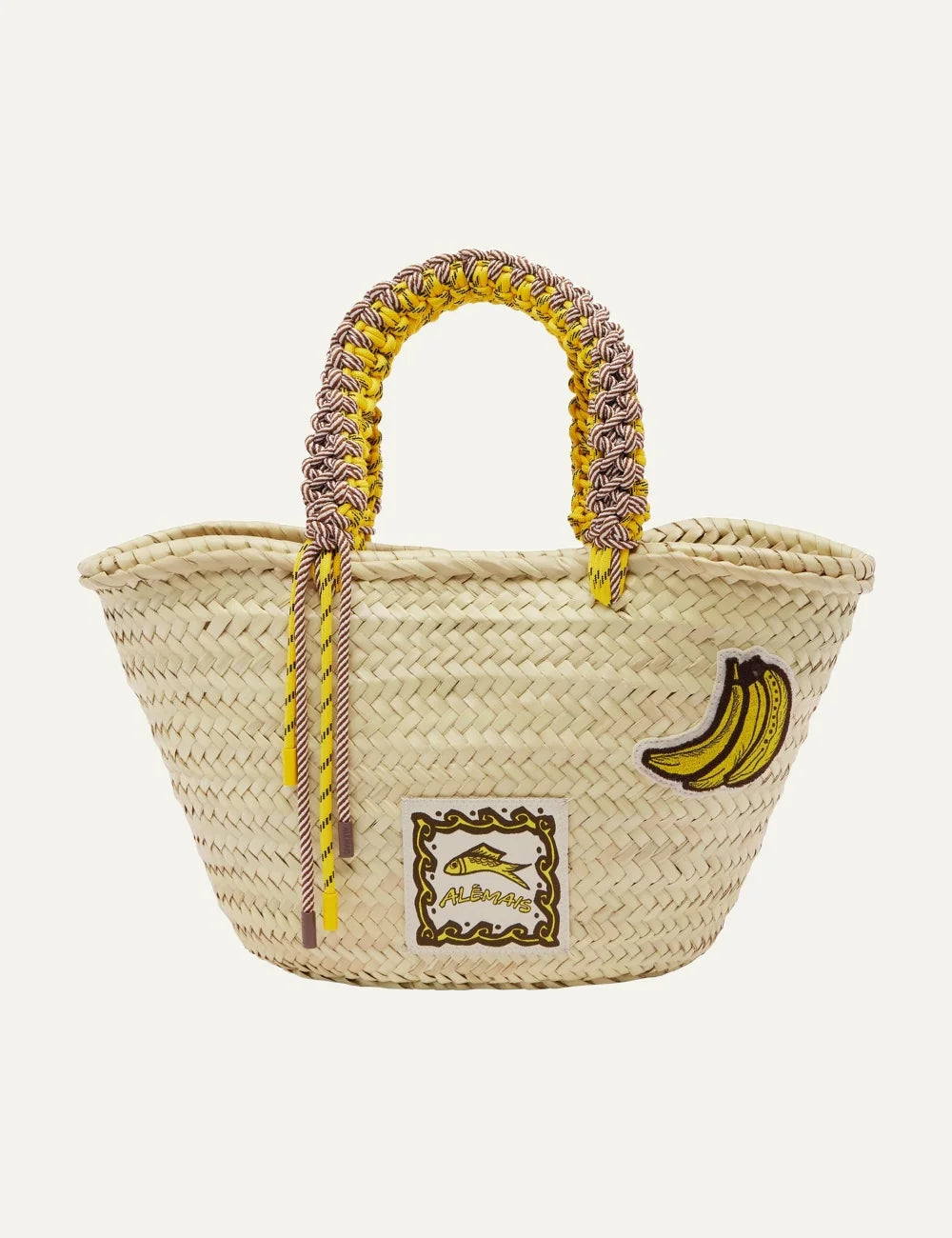 ALEMAIS Mona women woven palm leaf basket bag with macrame handles and banana patch