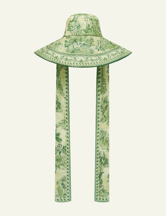Alemais Sara wide brim sunhat green print front flat lay