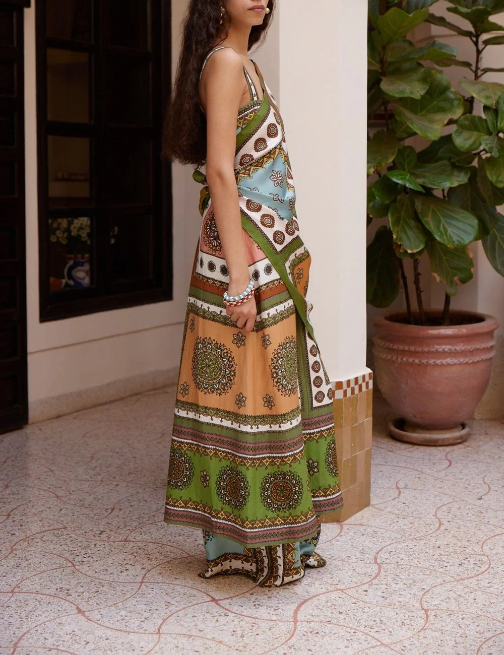 Alemais Contina Tiles silk scarf worn on model side view styling