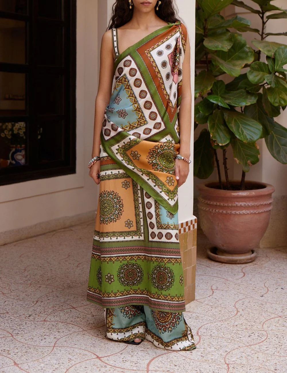 Alemais Contina Tiles silk scarf worn on model full length styling