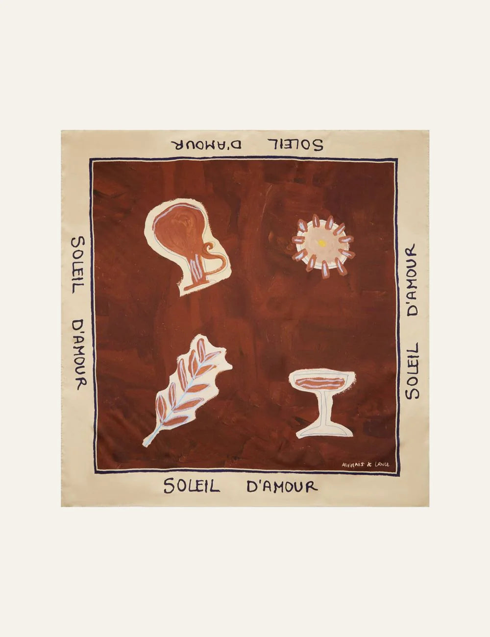 Alemais Soleil d’Amour silk scarf flat lay square rust print