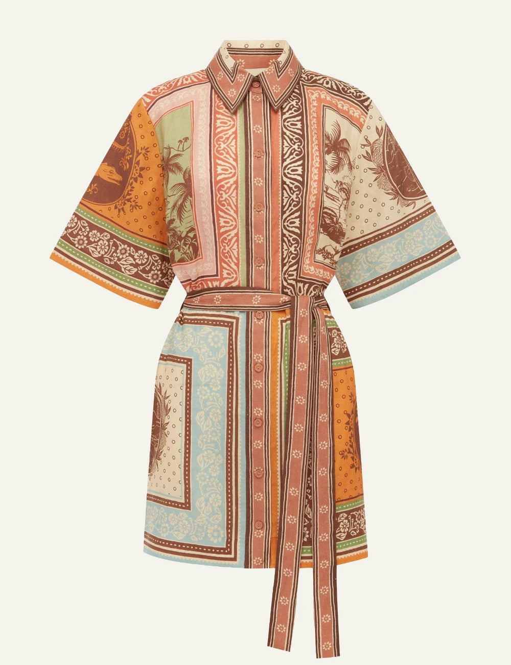 Alemais Alberta mini shirtdress linen print multi colour front flat view