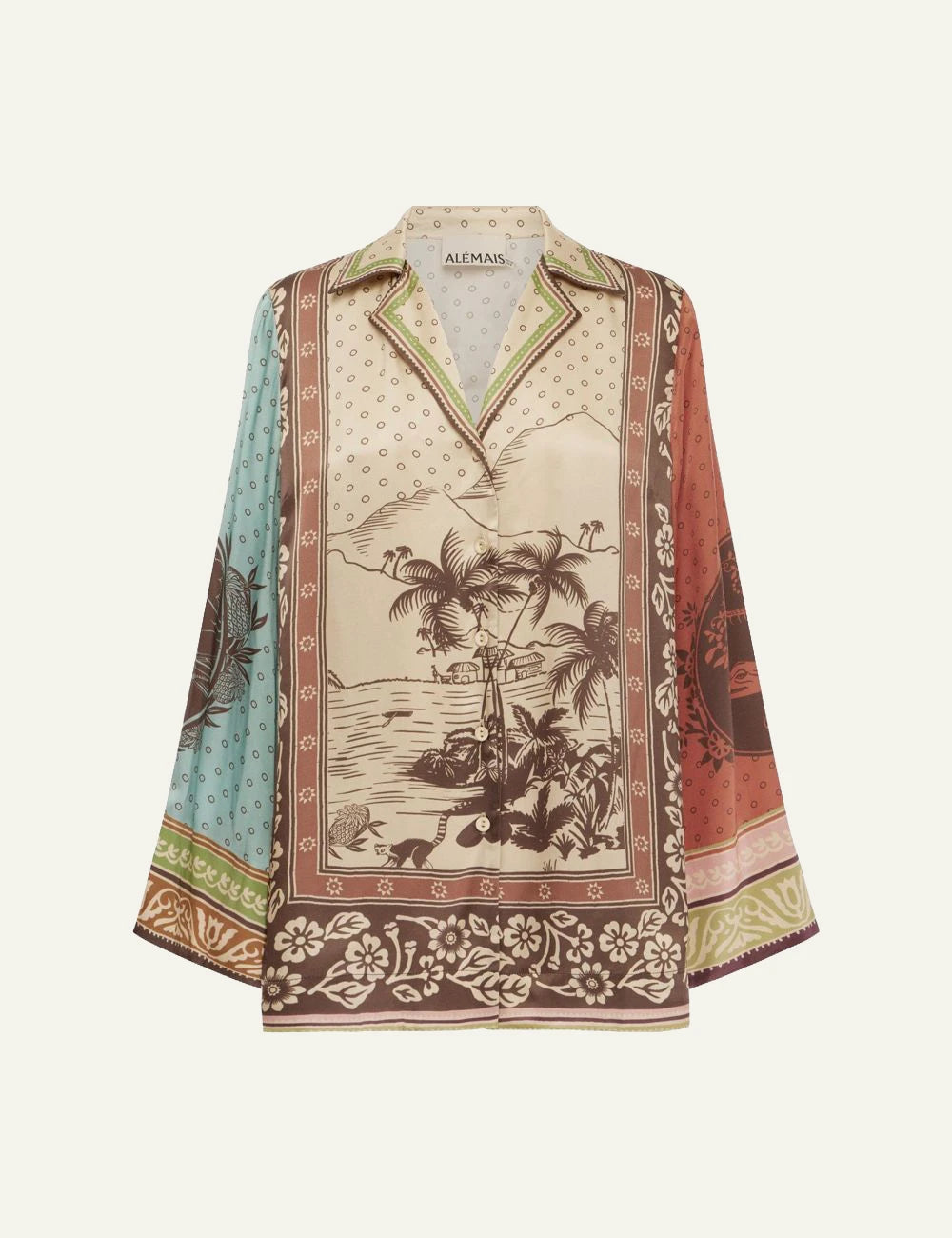 Alemais Alberta silk shirt satin print multi colour front flat view