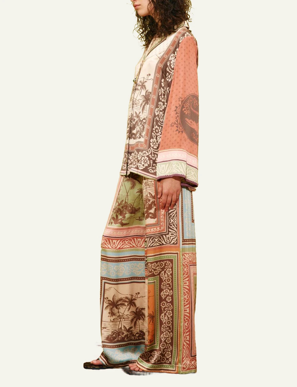 Alemais Alberta silk shirt satin print multi colour side model view