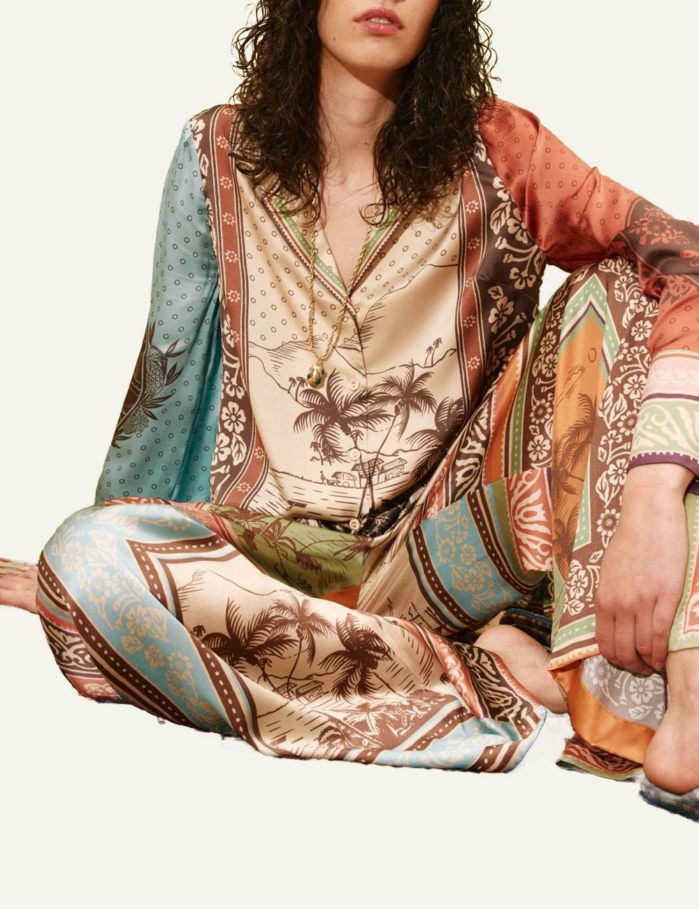 Alemais Alberta silk shirt satin print multi colour close detail view