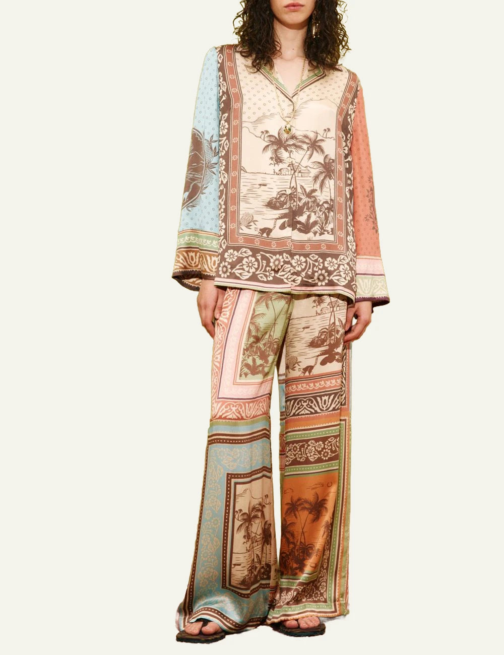 Alemais Alberta silk pant satin print wide leg full body view