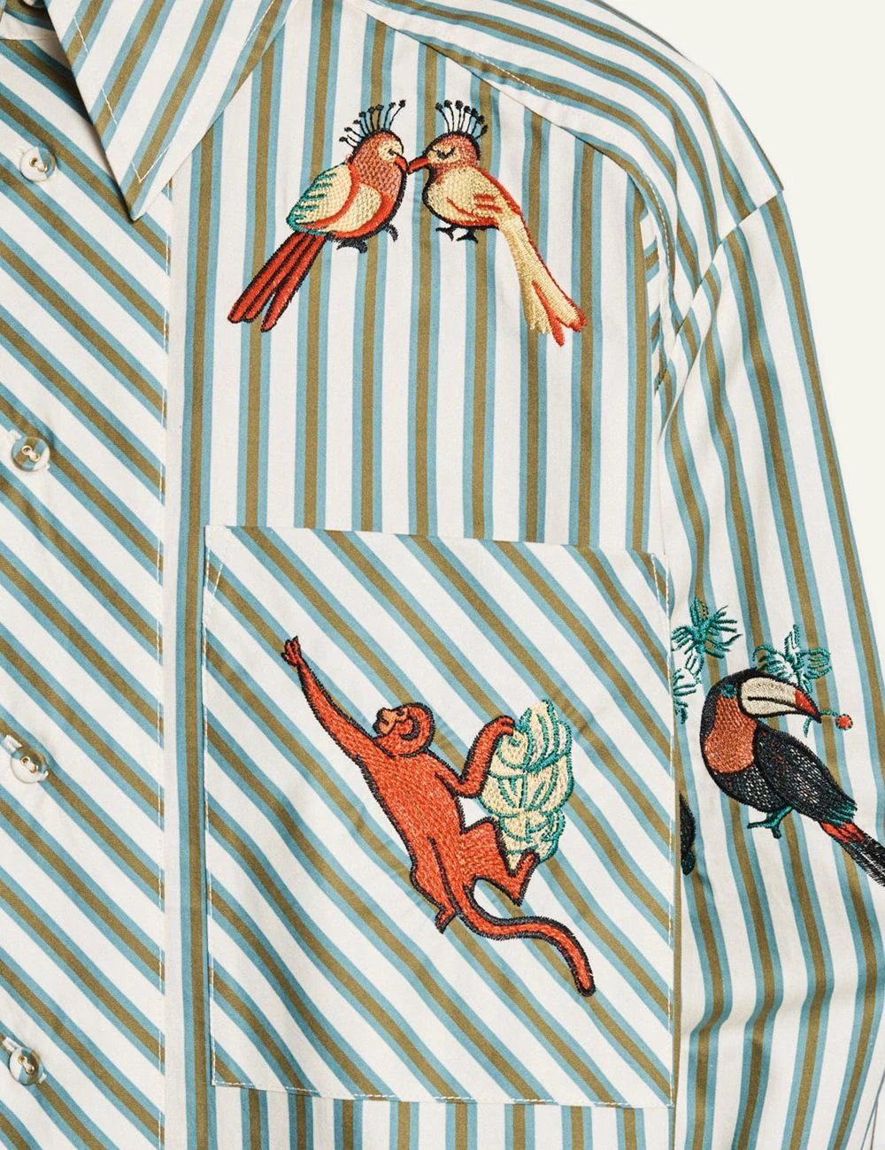 alemais bisou embroidered striped shirt green long sleeve front detail view