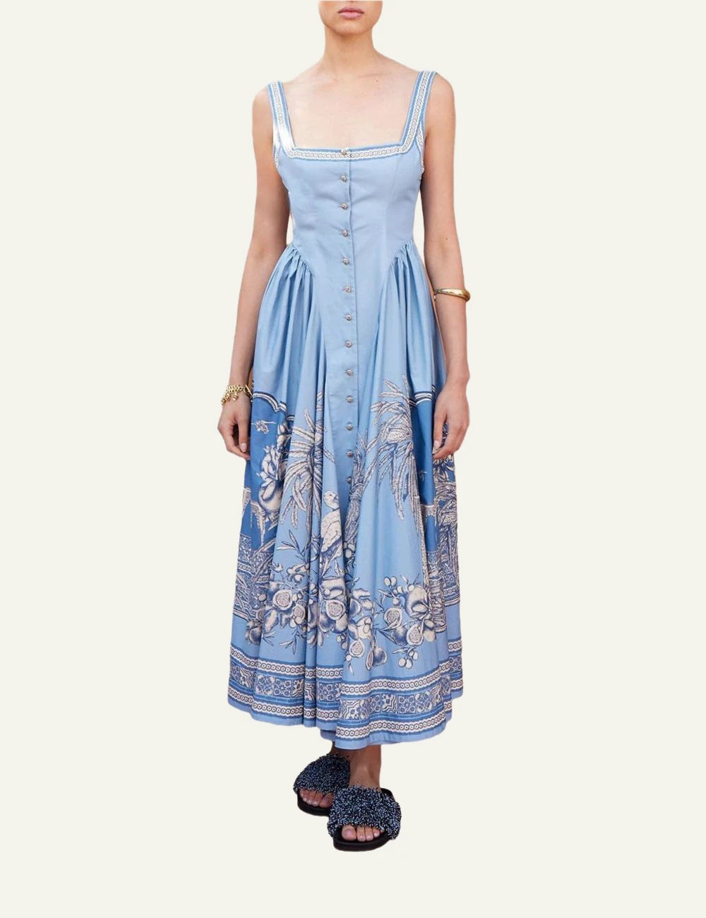 Alemais blue midi dress toile print square neckline front view