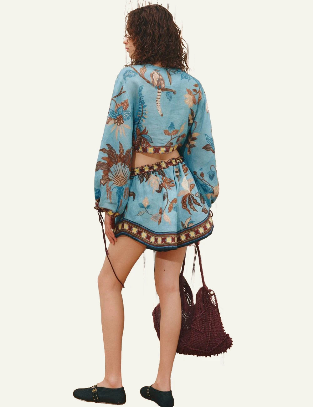 alemais georgie linen shorts tropical print blue back view