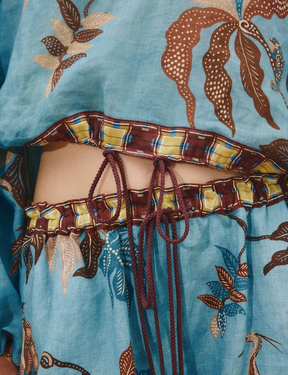 Alemais Georgie cropped top blue tropical print long sleeve detail view