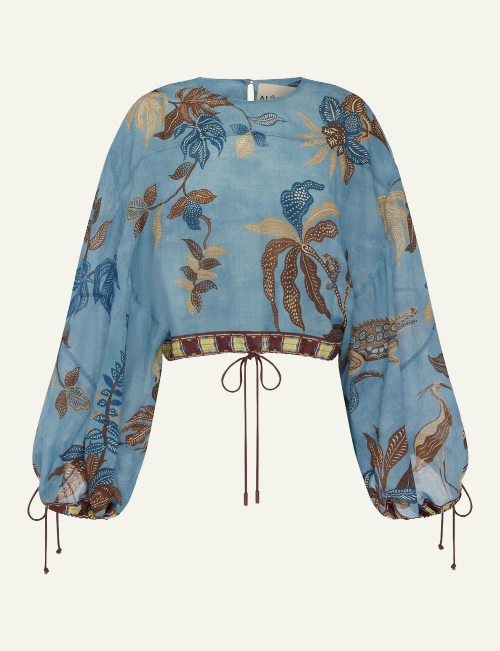 Alemais Georgie cropped top blue tropical print long sleeve front view