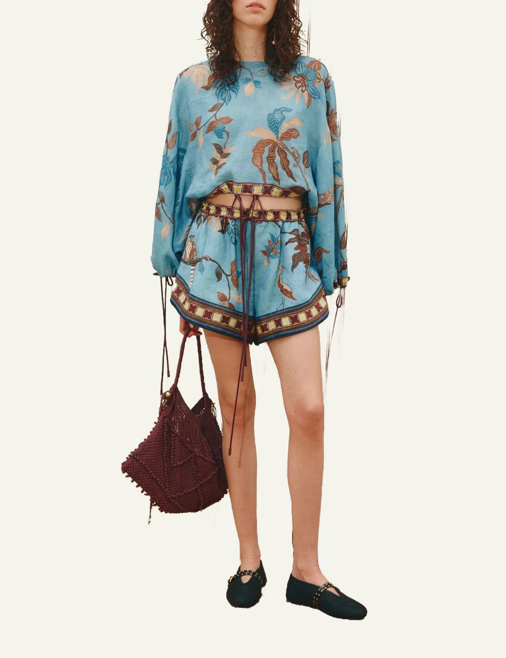 Alemais Georgie cropped top blue tropical print long sleeve front full body view