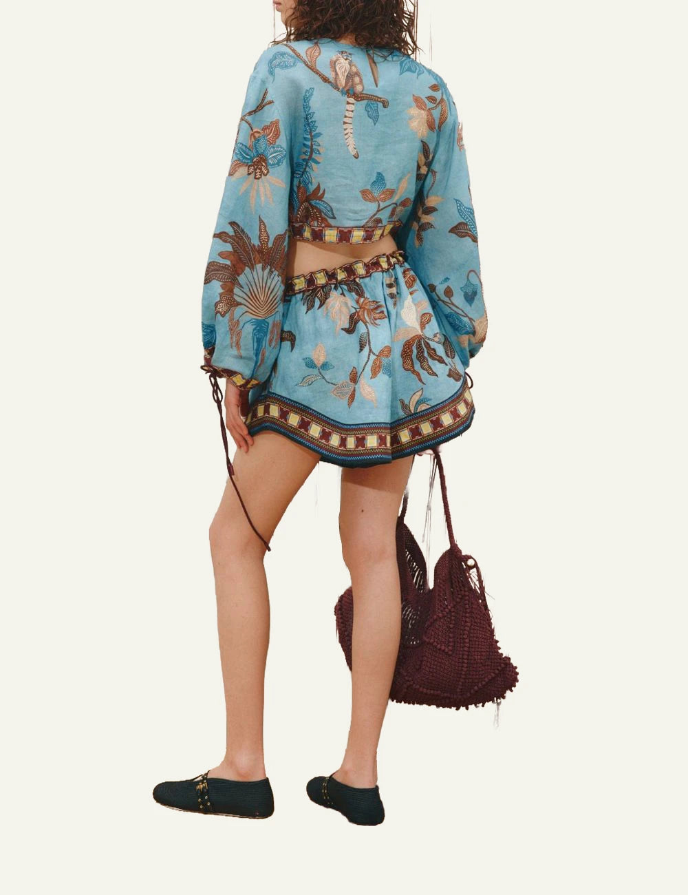 Alemais Georgie cropped top blue tropical print long sleeve back view