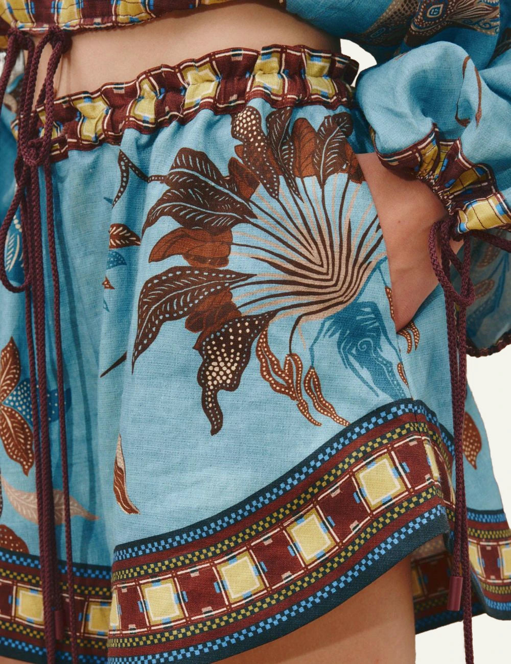 alemais georgie linen shorts tropical print blue front detail view