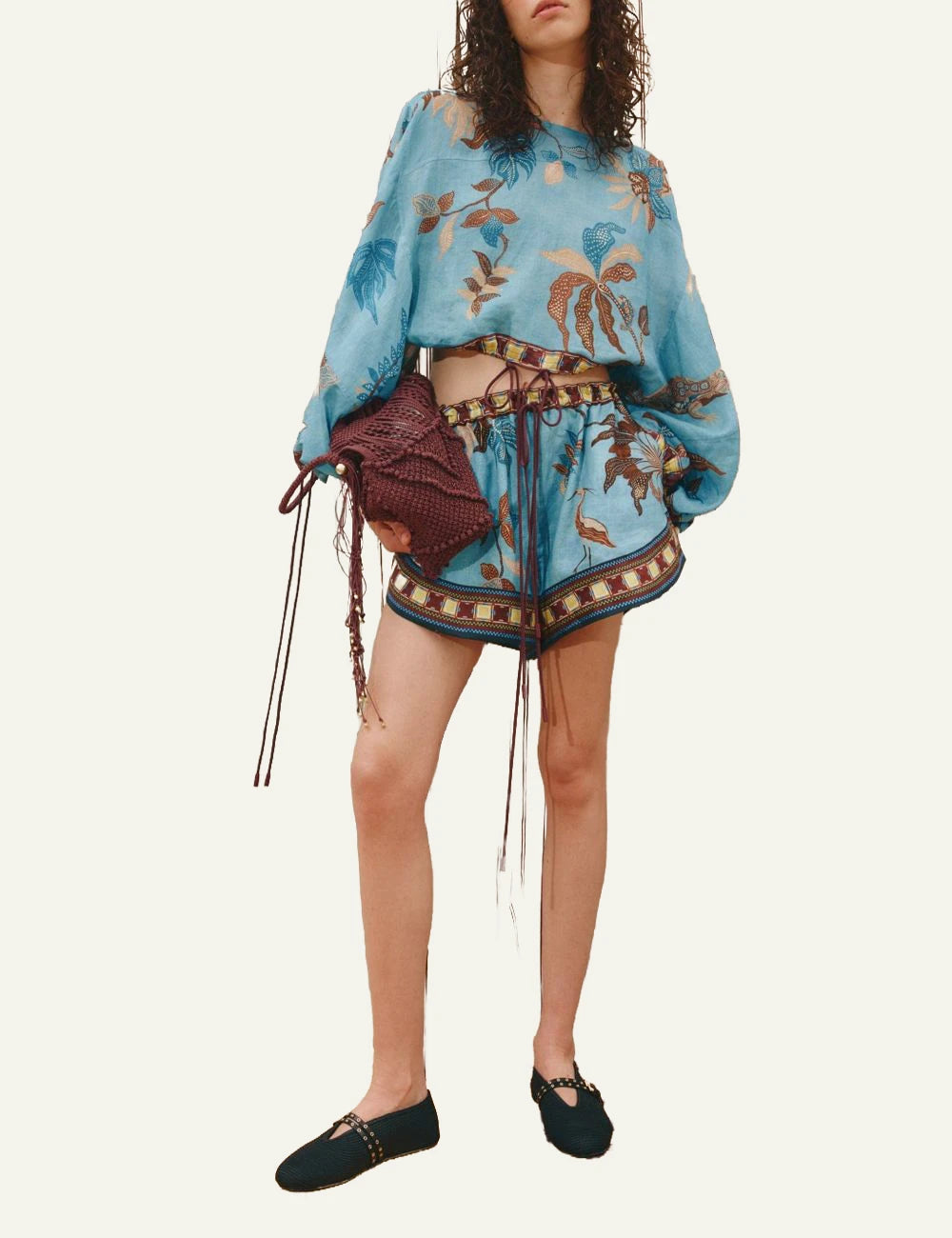 alemais georgie linen shorts tropical print blue front full body view