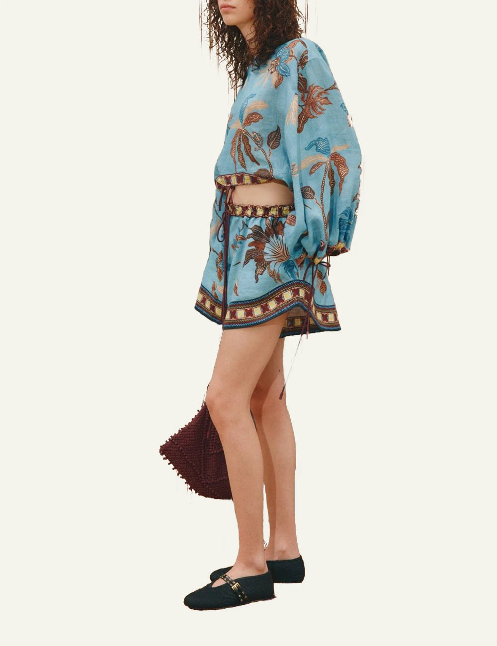 alemais georgie linen shorts tropical print blue side view