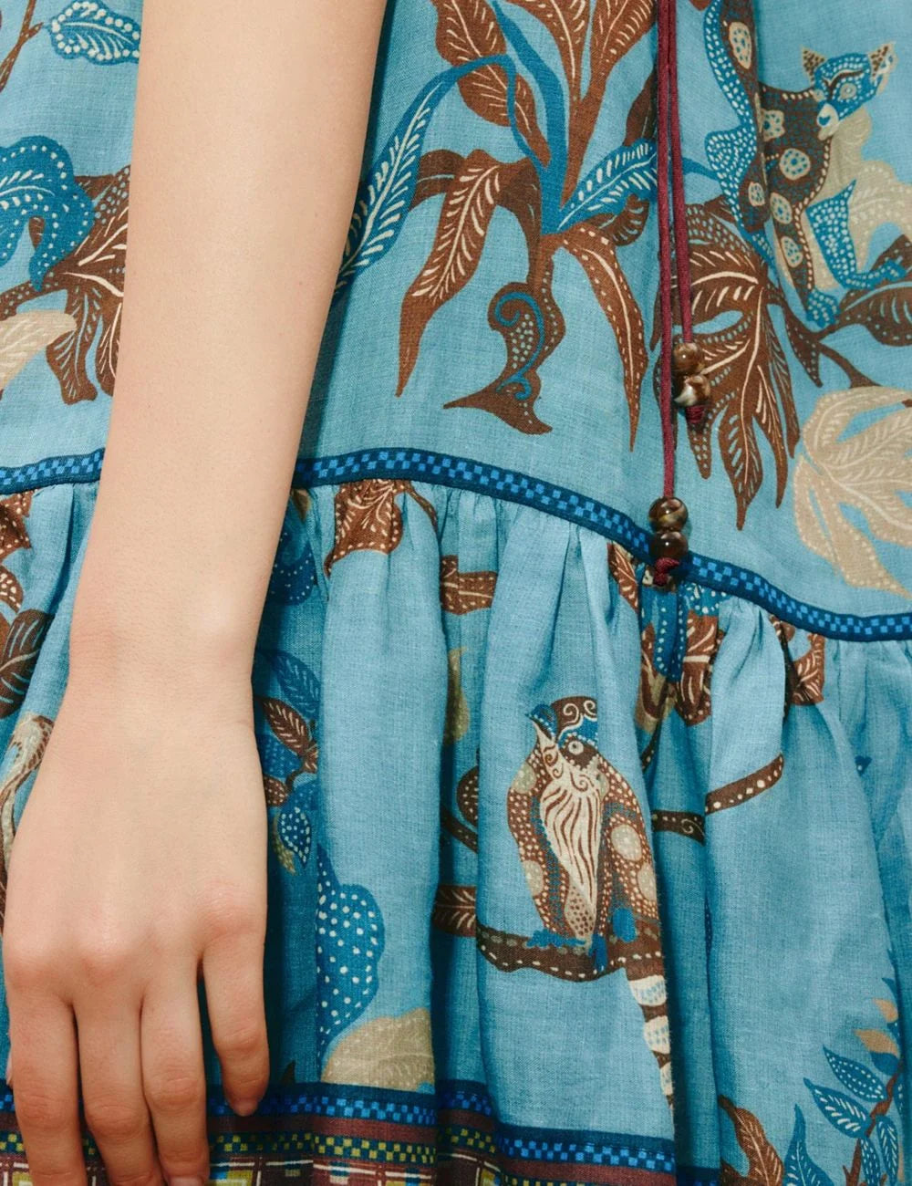 alemais georgie mini dress ramie tropical print blue model detail view