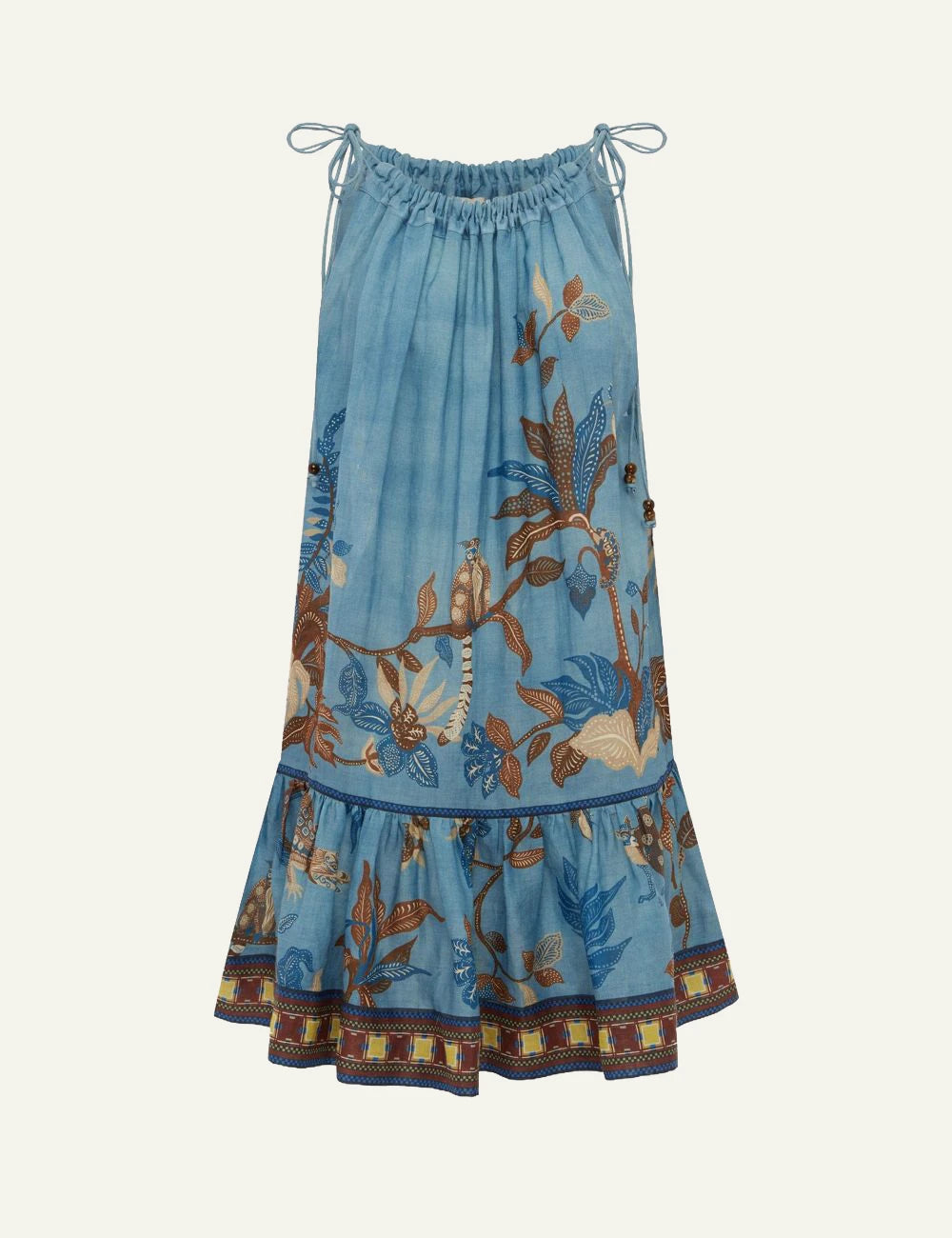 alemais georgie mini dress ramie tropical print blue model front view