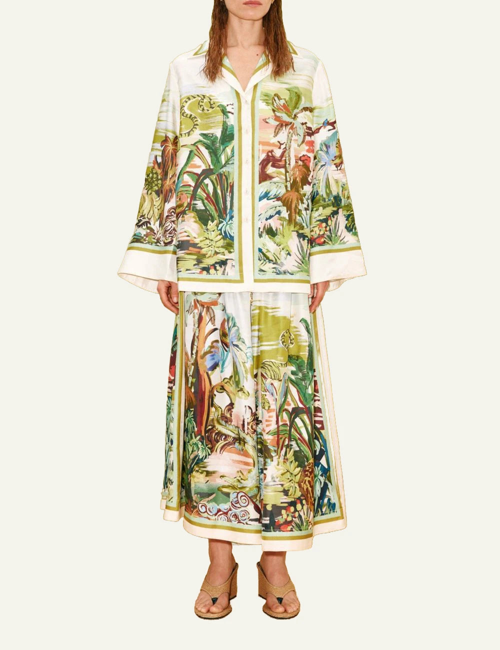 alemais jungle boogie silk shirt tropical print cream front full body view