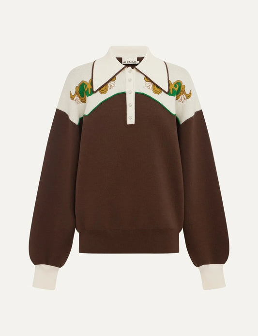 Alemais Lasso women's chocolate brown knit polo sweater with cream collar, green and yellow Western motifs, pearl buttons and long sleeves.