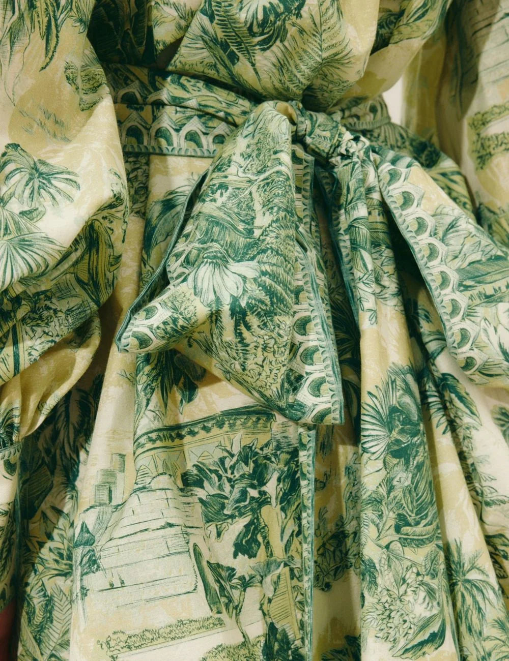 Alemais mini dress green tropical print long sleeve detail view