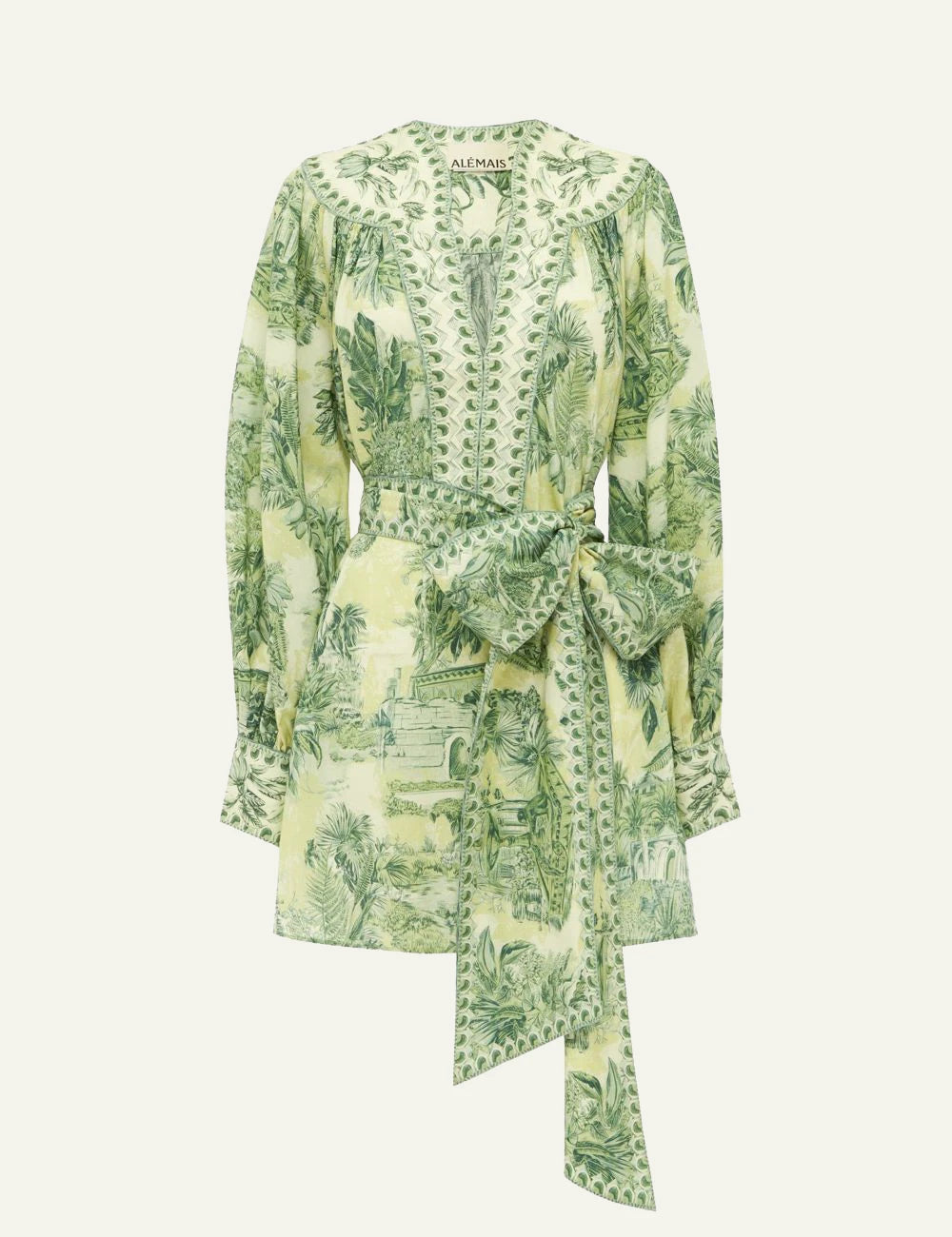 Alemais mini dress green tropical print long sleeve front view