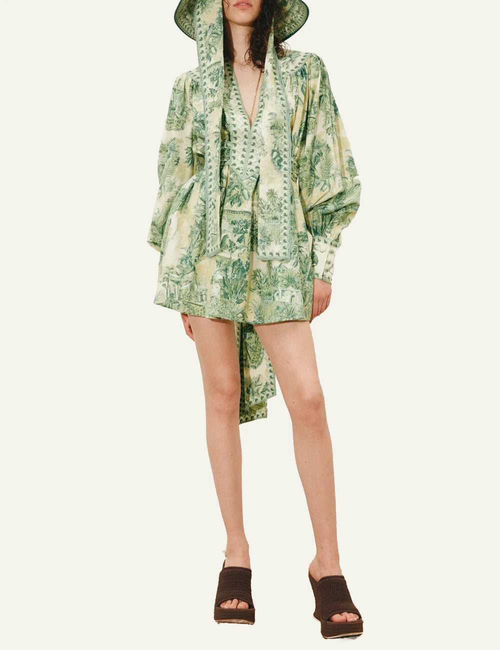 Alemais mini dress green tropical print long sleeve front full body view