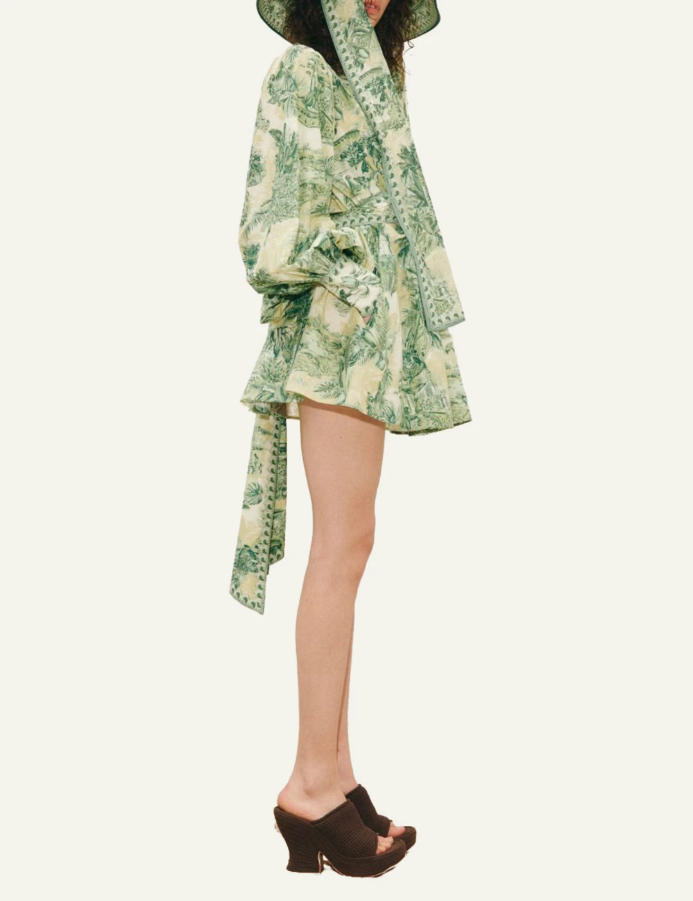 Alemais mini dress green tropical print long sleeve side view