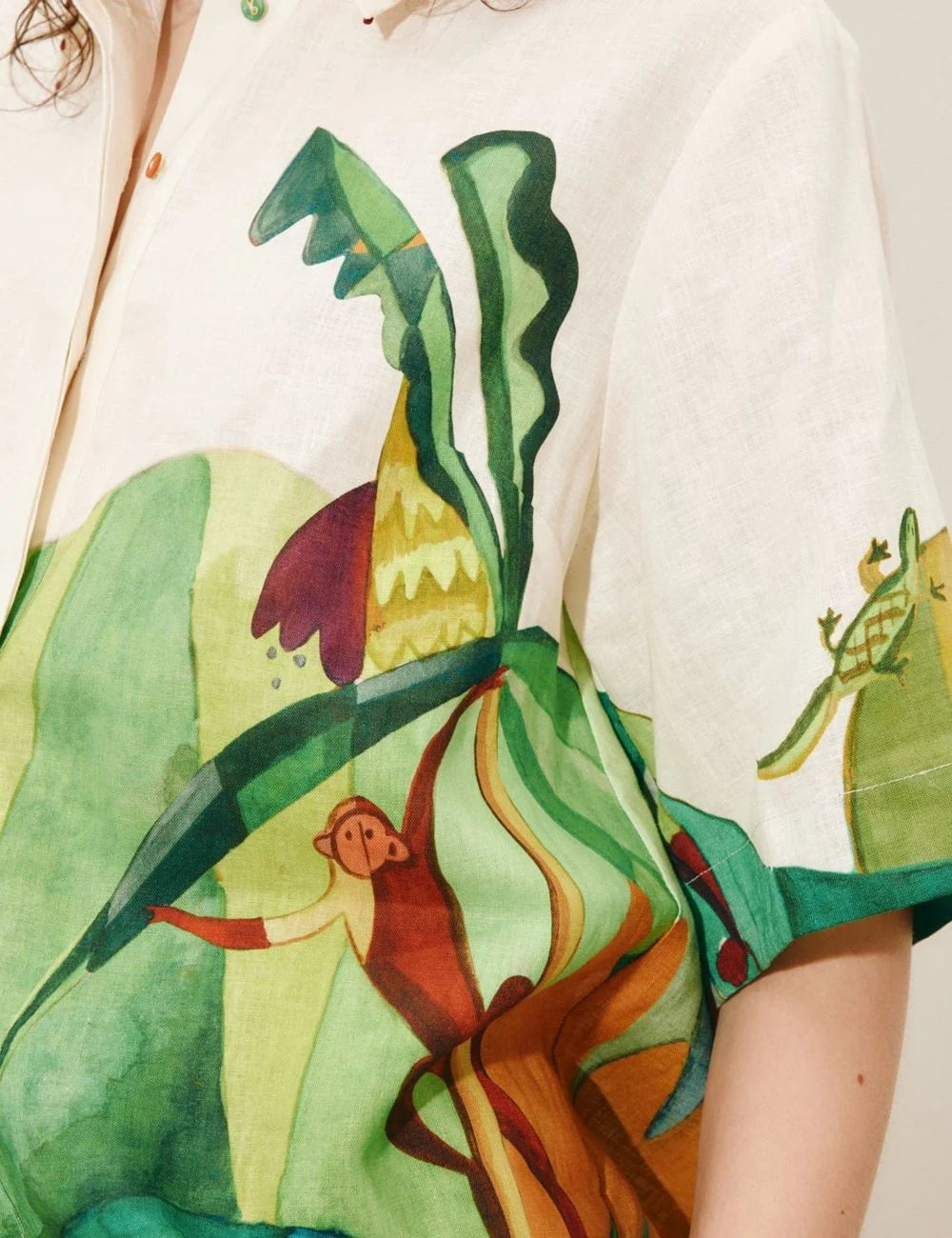 Alemais Mokshini poukamiso linen tropical art print off white detail view