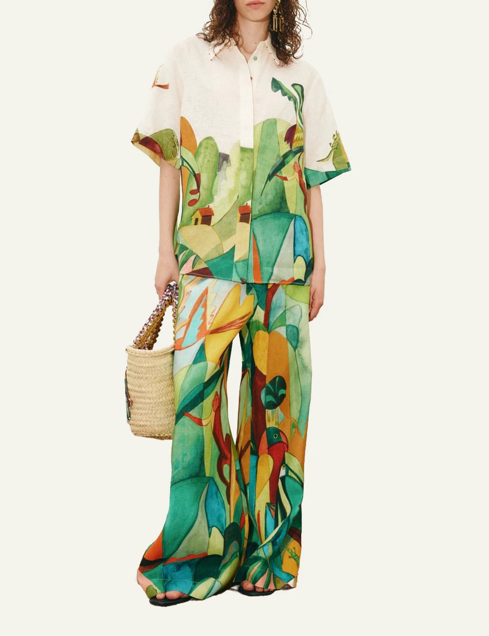 Alemais Mokshini poukamiso linen tropical art print off white front full body view