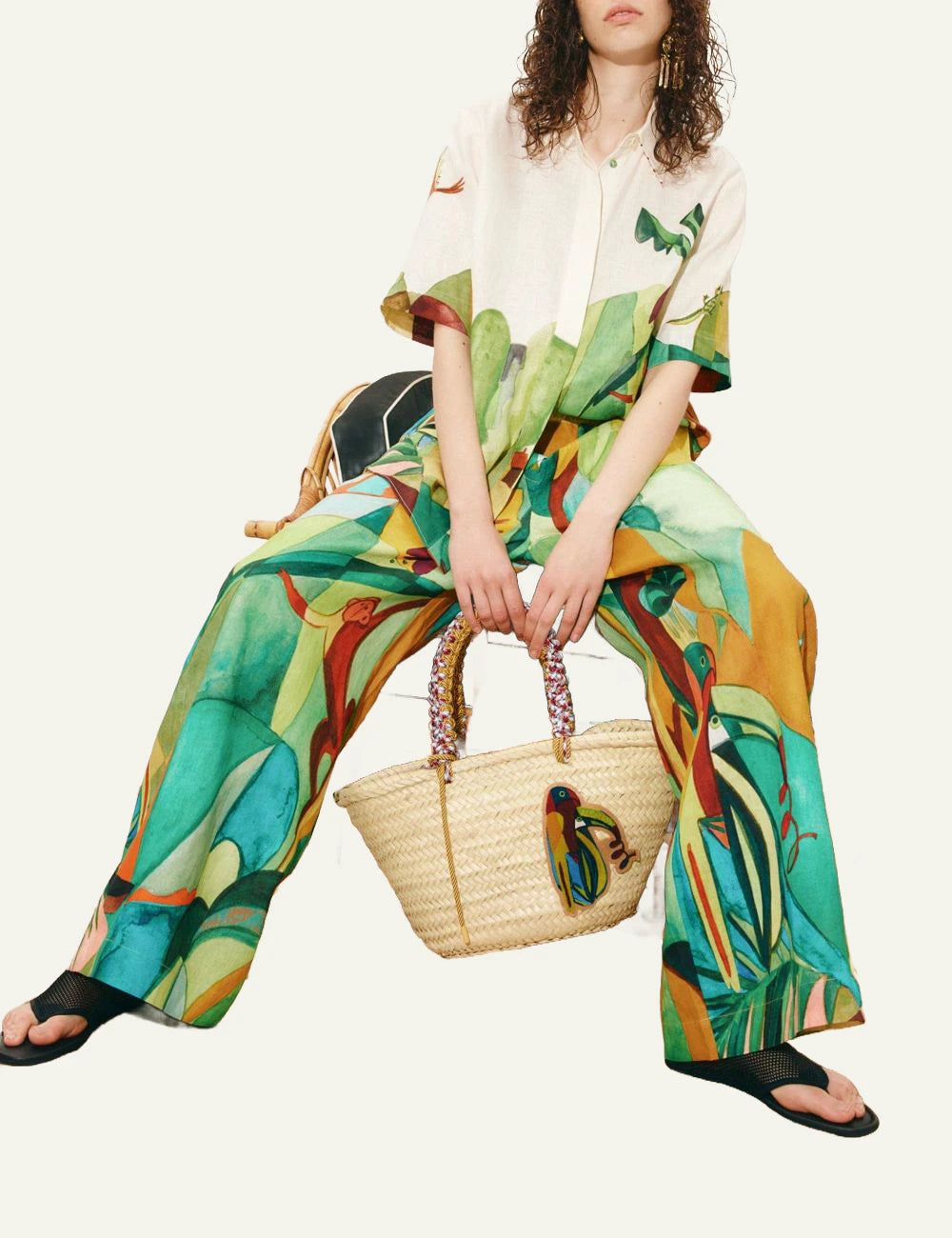 Alemais Mokshini poukamiso linen tropical art print off white top view