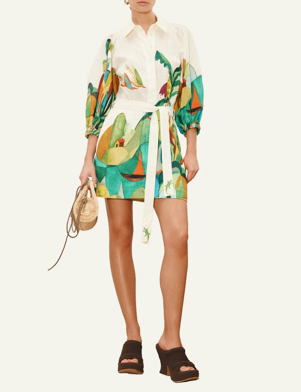 Alemais Mokshini mini shirt dress colorful tropical print front full body view