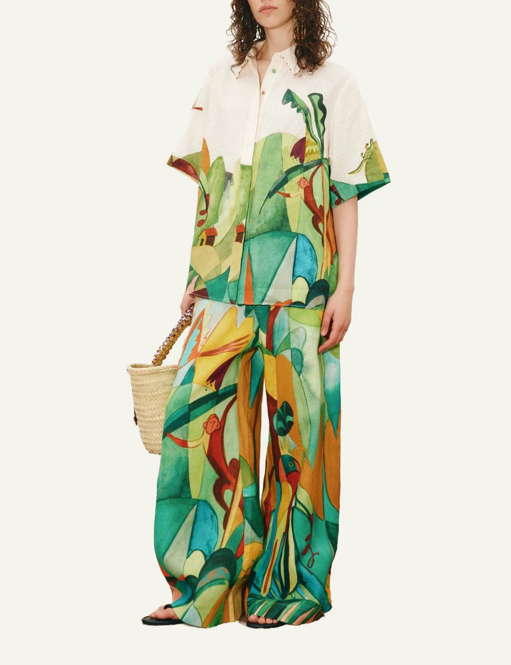 Alemais Mokshini wide leg pants colorful tropical print front full body view