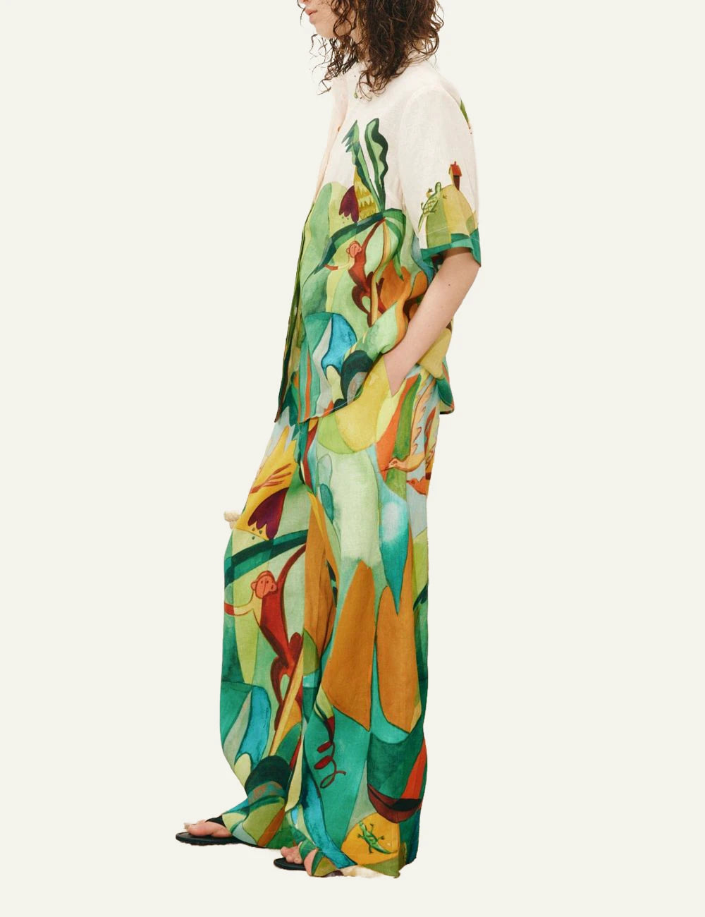 Alemais Mokshini wide leg pants colorful tropical print side view