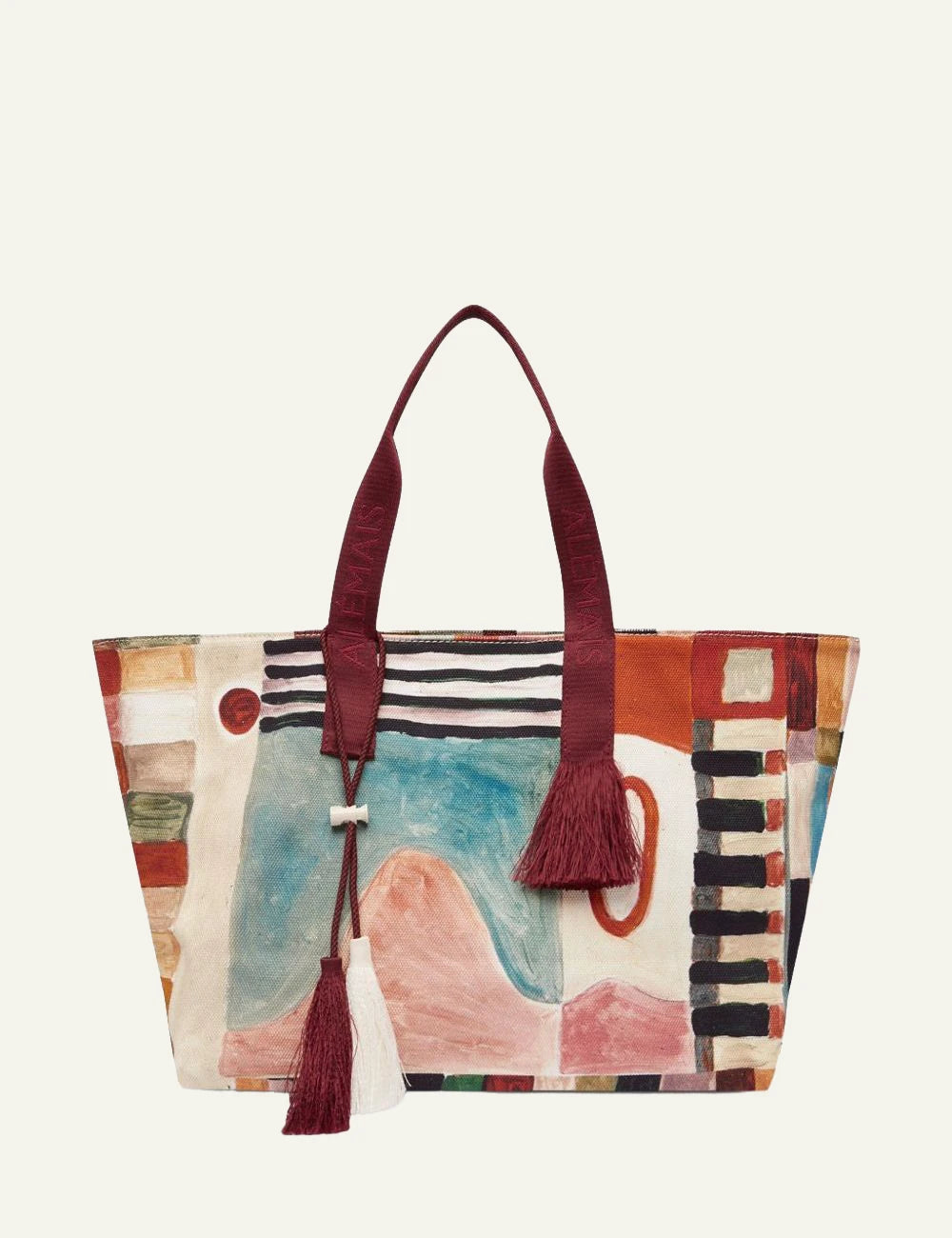 Alemais printed tote bag multicolor burgundy handles front view