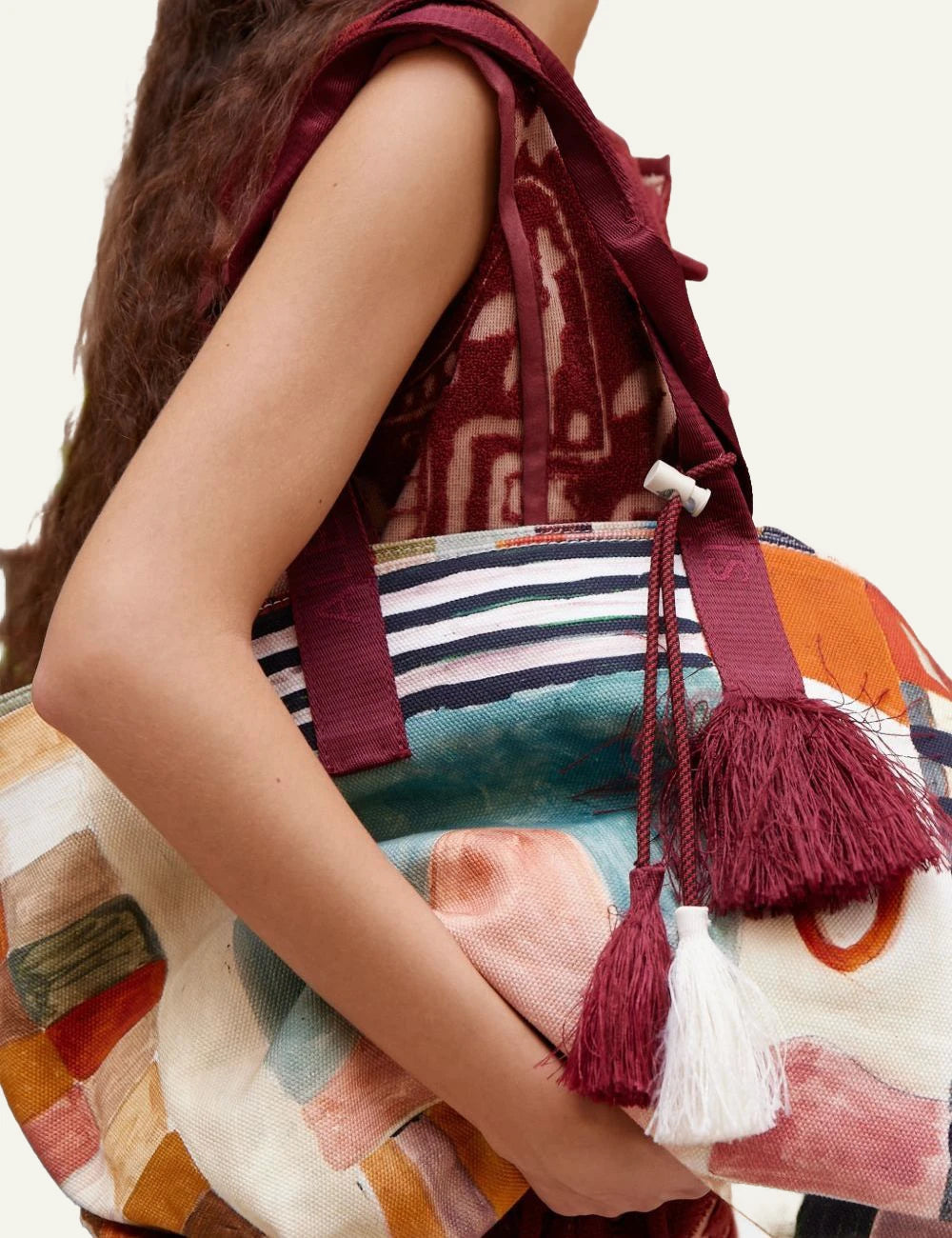 Alemais printed tote bag multicolor burgundy handles front view detail