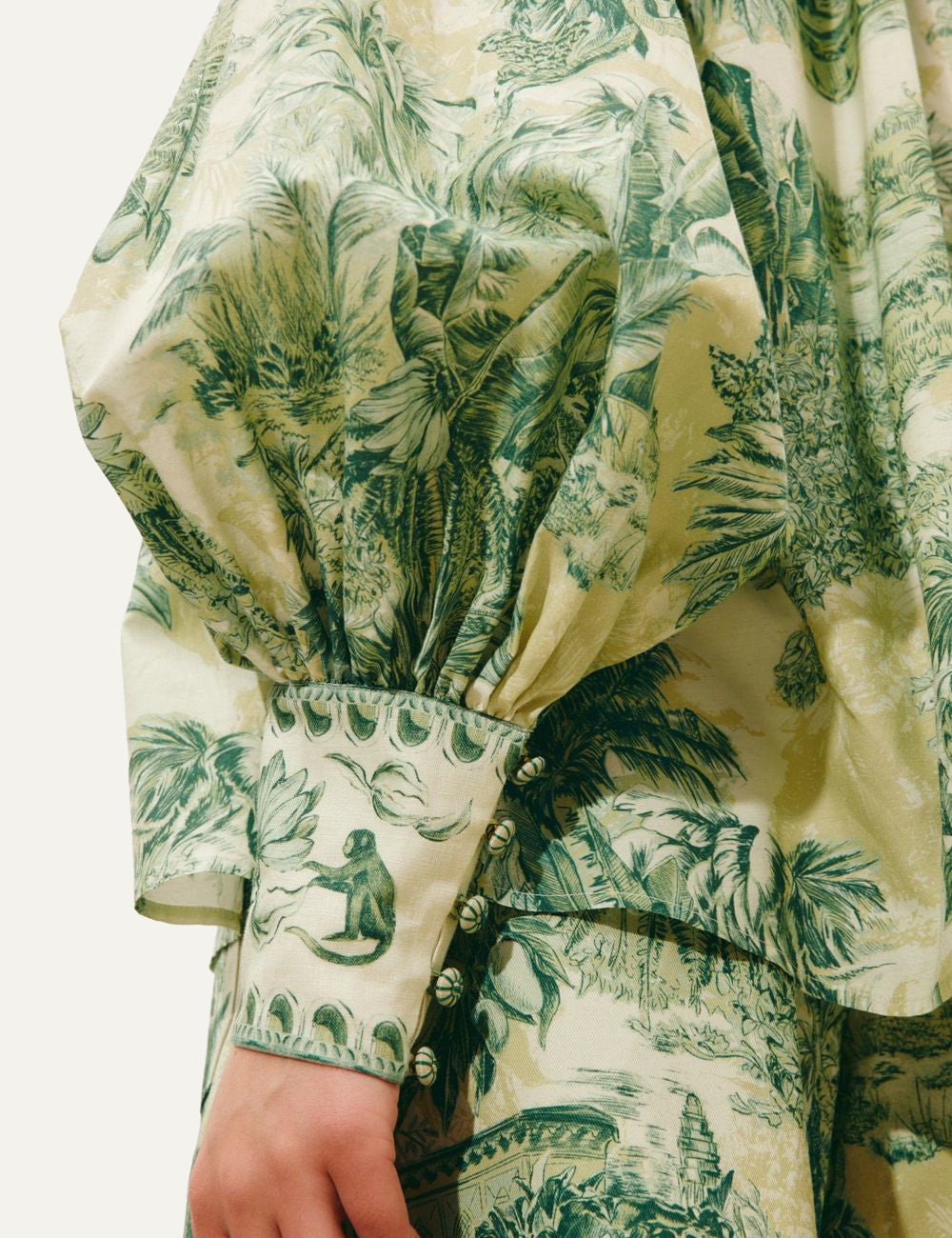 Alemais Sara blouse green tropical print long sleeve detail view