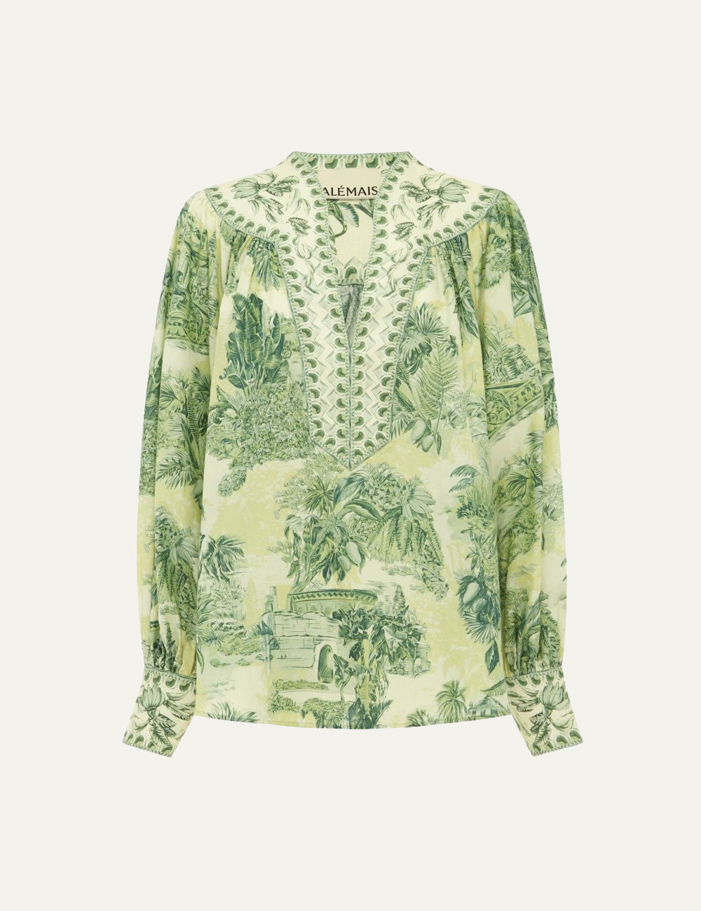 Alemais Sara blouse green tropical print long sleeve front flat view