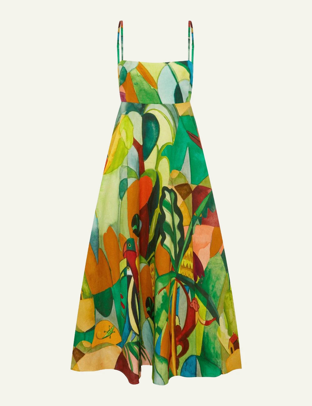 Alemais Mokshini midi sundress colorful tropical print front view